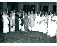 Group photo taken during the “At Home” given by Maulana Abul Kalam Azad, Central Minister for Education, in honour of the Members of the Central Social Welfare Board at Rashtrapati Bhavan, New Delhi, on November 25, 1953, shows Shrimati Indira Gandhi, Mrs. Huthee Singh, Shrimati Durgabai Deshmukh (Chairman of the Board), Shrimati Maniben Patel, Mrs. Manmohani Sehgal and others with the Education Minister. 